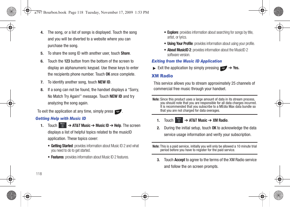 Xm radio | Samsung FLIGHT SGH-A797 User Manual | Page 122 / 177