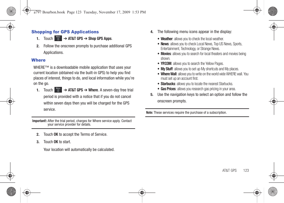 Shopping for gps applications, Where, Shopping for gps applications where | Samsung FLIGHT SGH-A797 User Manual | Page 127 / 177