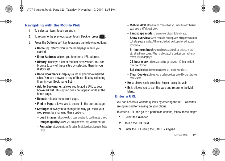 Navigating with the mobile web, Enter a url, Navigating with the mobile web enter a url | Samsung FLIGHT SGH-A797 User Manual | Page 129 / 177