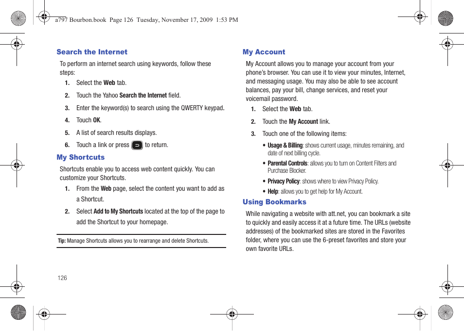 Search the internet, My shortcuts, My account | Using bookmarks | Samsung FLIGHT SGH-A797 User Manual | Page 130 / 177