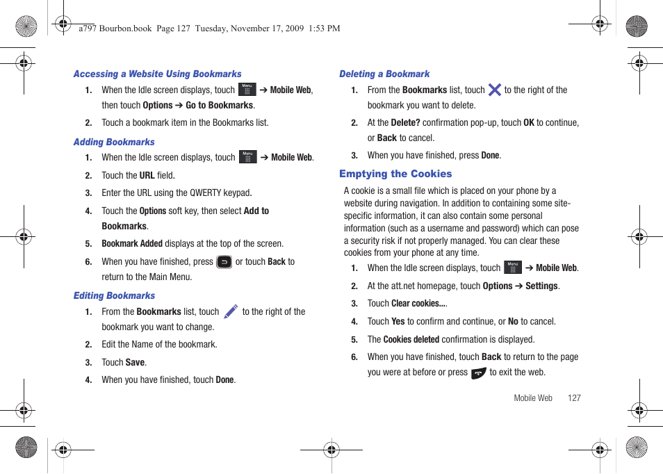 Emptying the cookies | Samsung FLIGHT SGH-A797 User Manual | Page 131 / 177