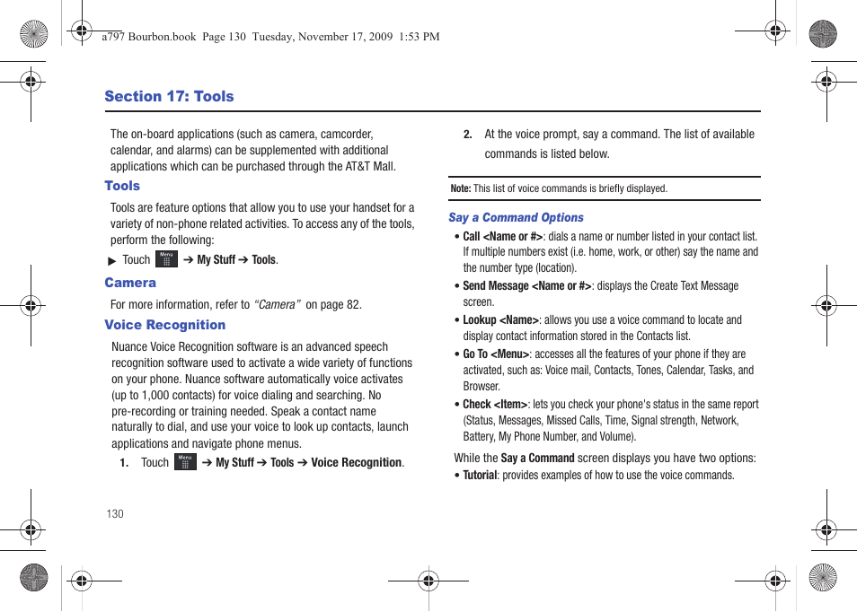 Section 17: tools, Tools, Camera | Voice recognition, Tools camera voice recognition | Samsung FLIGHT SGH-A797 User Manual | Page 134 / 177