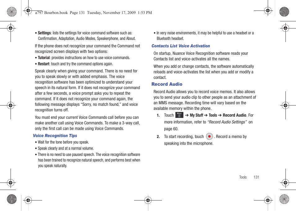 Record audio | Samsung FLIGHT SGH-A797 User Manual | Page 135 / 177