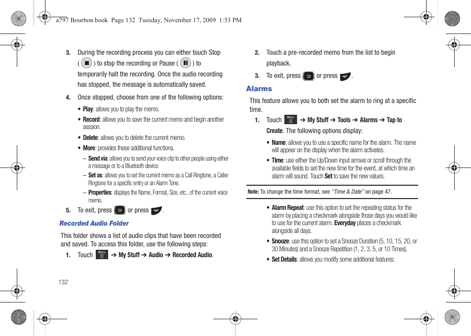 Alarms | Samsung FLIGHT SGH-A797 User Manual | Page 136 / 177