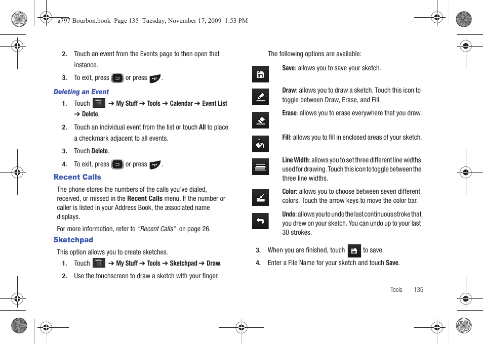 Recent calls, Sketchpad, Recent calls sketchpad | Samsung FLIGHT SGH-A797 User Manual | Page 139 / 177