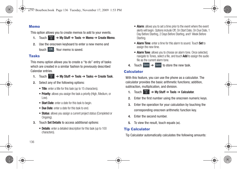 Memo, Tasks, Calculator | Tip calculator, Memo tasks calculator tip calculator | Samsung FLIGHT SGH-A797 User Manual | Page 140 / 177