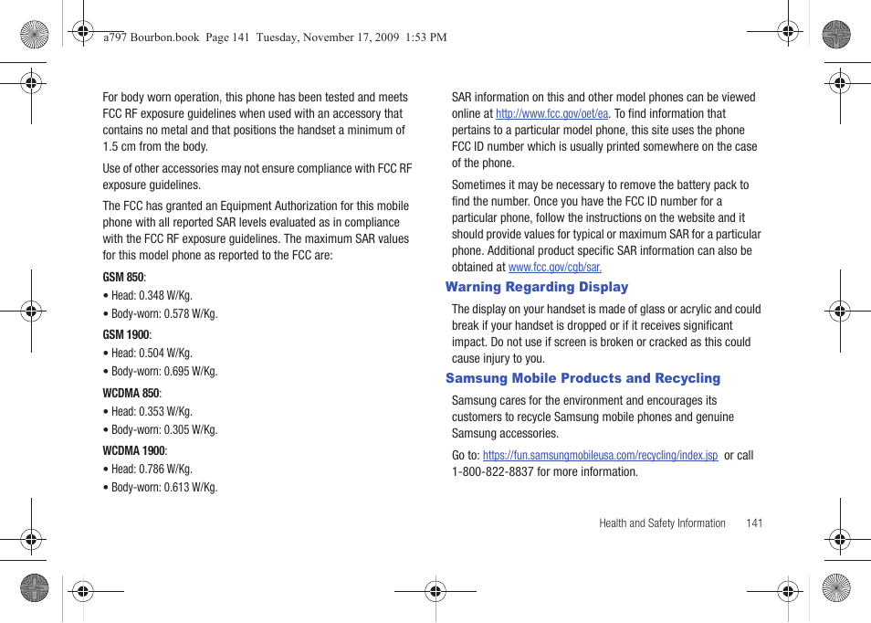 Warning regarding display, Samsung mobile products and recycling | Samsung FLIGHT SGH-A797 User Manual | Page 145 / 177