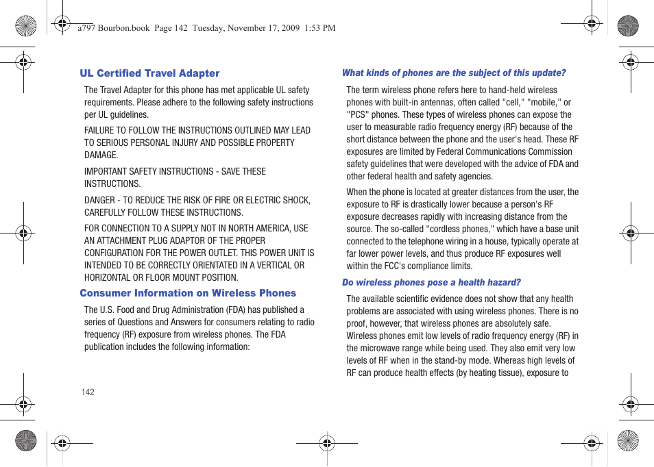 Ul certified travel adapter, Consumer information on wireless phones | Samsung FLIGHT SGH-A797 User Manual | Page 146 / 177