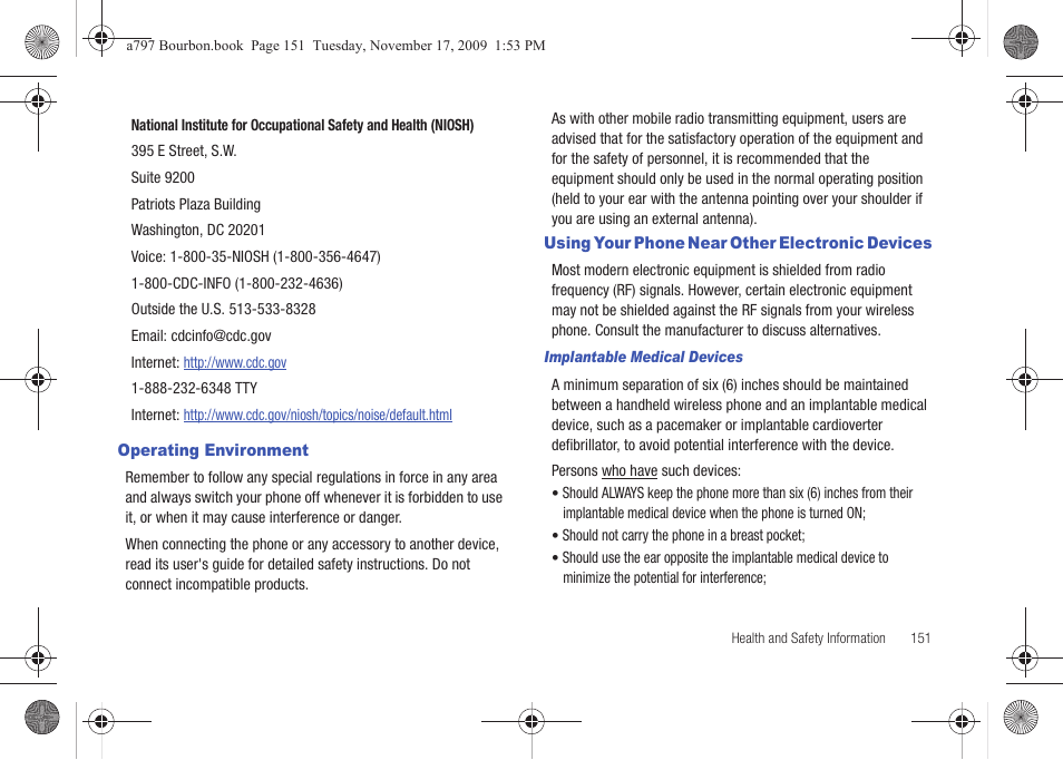 Operating environment, Using your phone near other electronic devices | Samsung FLIGHT SGH-A797 User Manual | Page 155 / 177