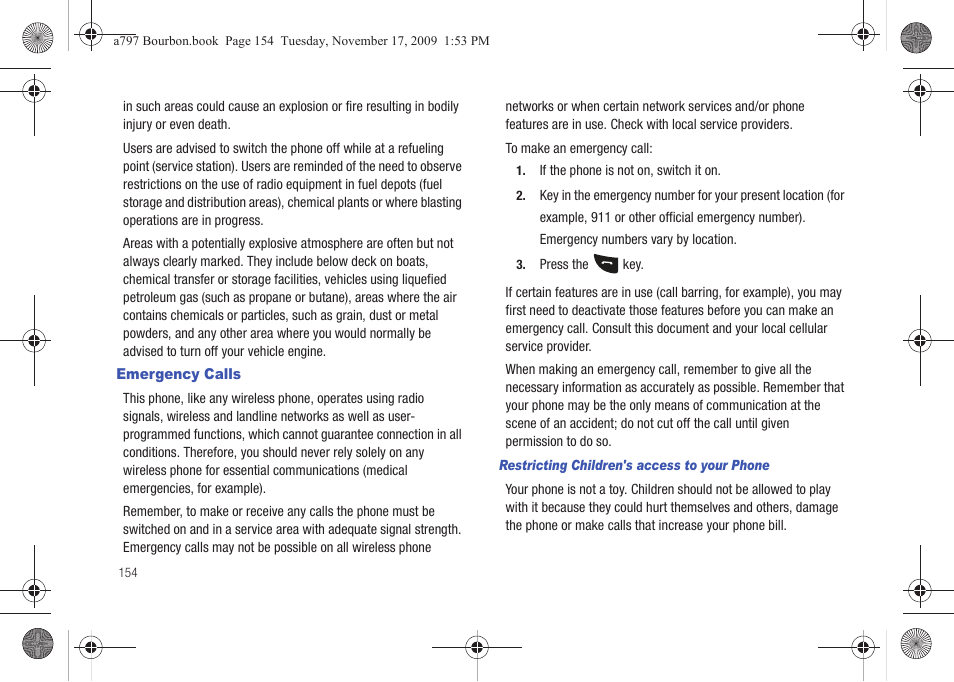 Emergency calls | Samsung FLIGHT SGH-A797 User Manual | Page 158 / 177