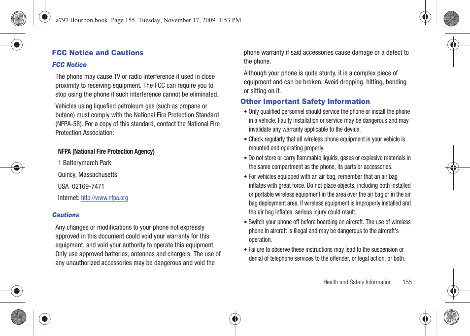 Fcc notice and cautions, Other important safety information | Samsung FLIGHT SGH-A797 User Manual | Page 159 / 177