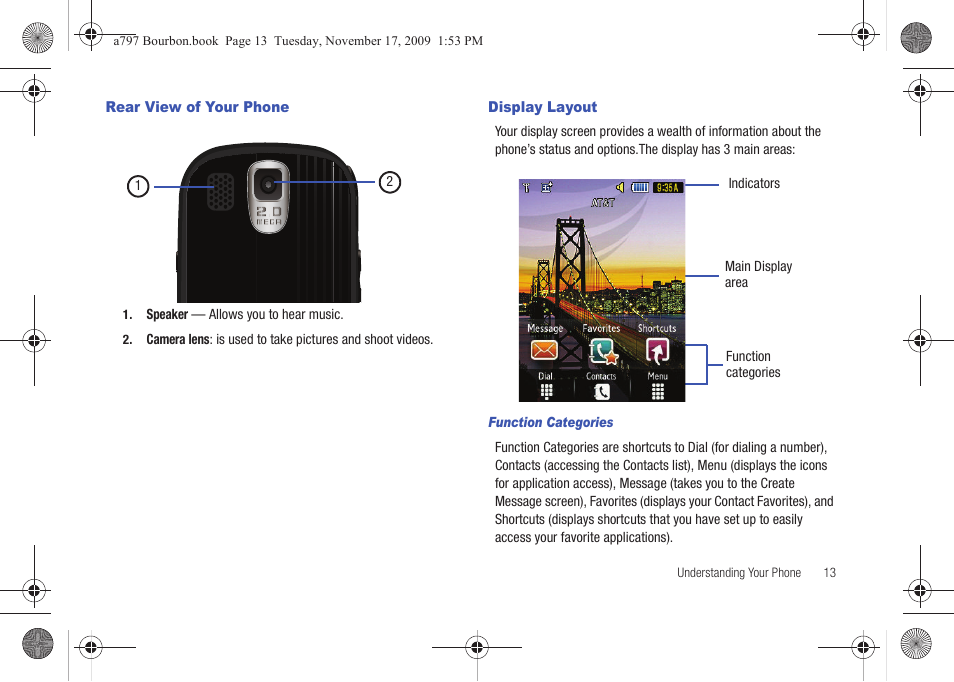 Rear view of your phone, Display layout, Rear view of your phone display layout | Samsung FLIGHT SGH-A797 User Manual | Page 17 / 177