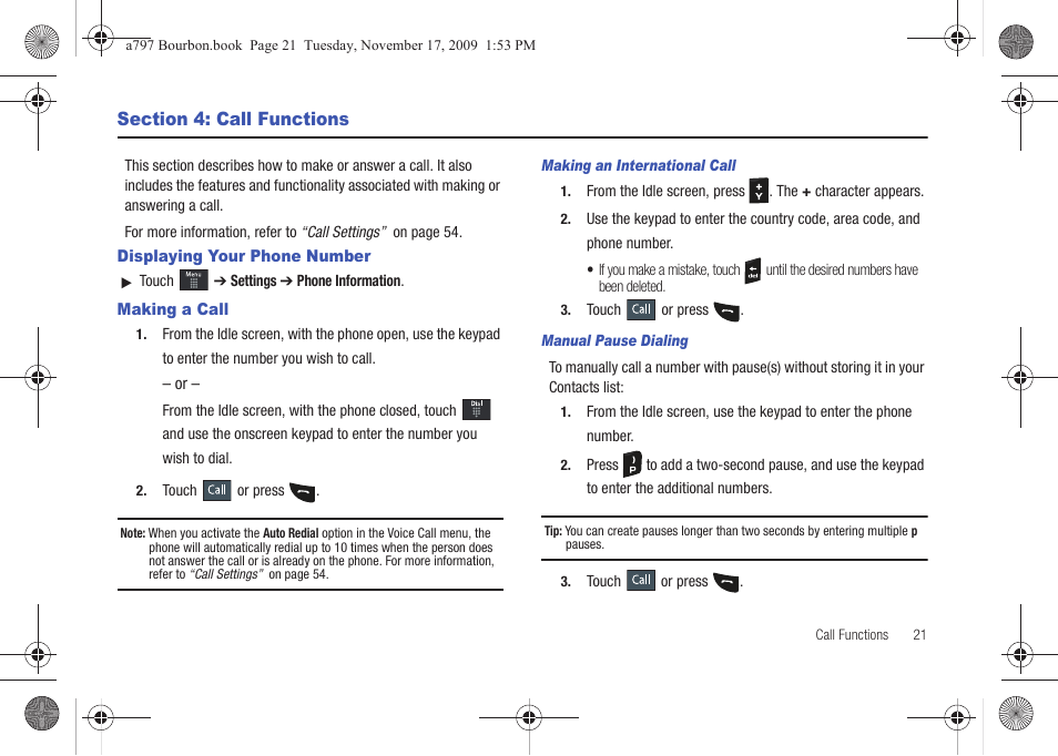 Section 4: call functions, Displaying your phone number, Making a call | Displaying your phone number making a call | Samsung FLIGHT SGH-A797 User Manual | Page 25 / 177