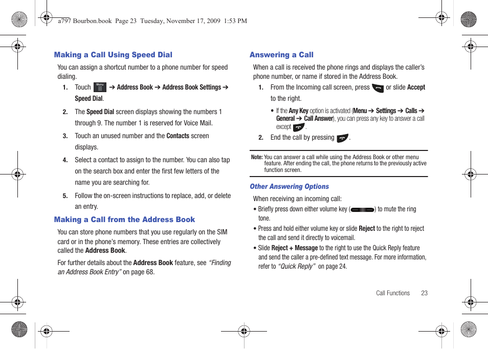 Making a call using speed dial, Making a call from the address book, Answering a call | Samsung FLIGHT SGH-A797 User Manual | Page 27 / 177