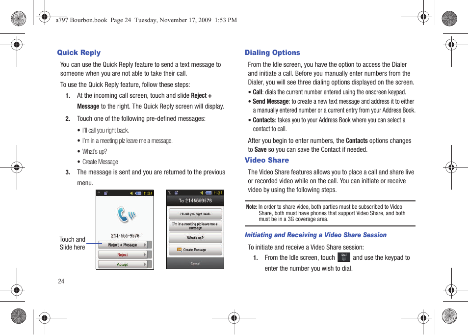 Quick reply, Dialing options, Video share | Quick reply dialing options | Samsung FLIGHT SGH-A797 User Manual | Page 28 / 177