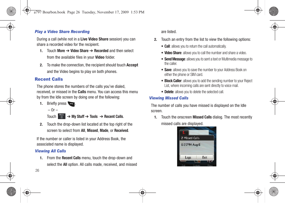 Recent calls | Samsung FLIGHT SGH-A797 User Manual | Page 30 / 177