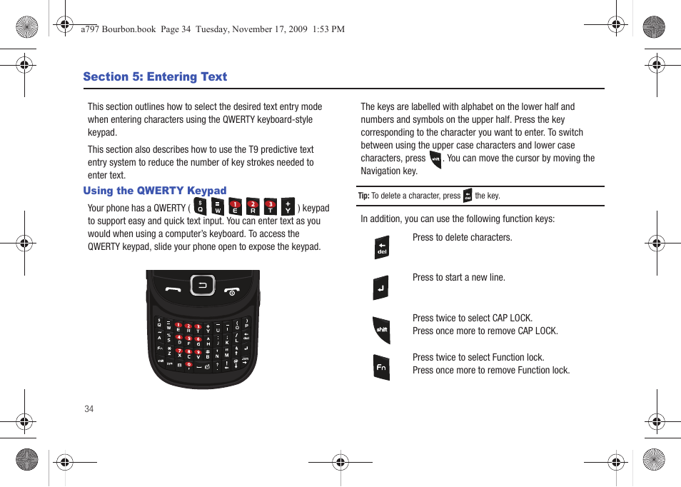 Section 5: entering text, Using the qwerty keypad | Samsung FLIGHT SGH-A797 User Manual | Page 38 / 177