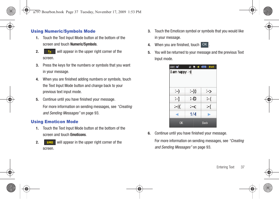 Using numeric/symbols mode, Using emoticon mode, Using numeric/symbols mode using emoticon mode | Samsung FLIGHT SGH-A797 User Manual | Page 41 / 177