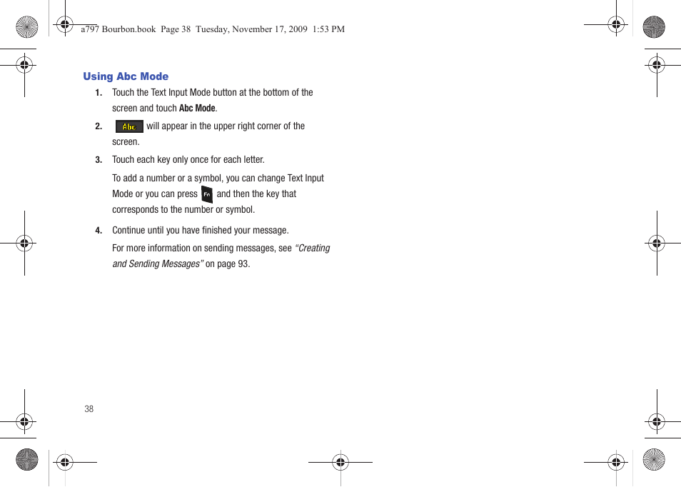 Using abc mode | Samsung FLIGHT SGH-A797 User Manual | Page 42 / 177