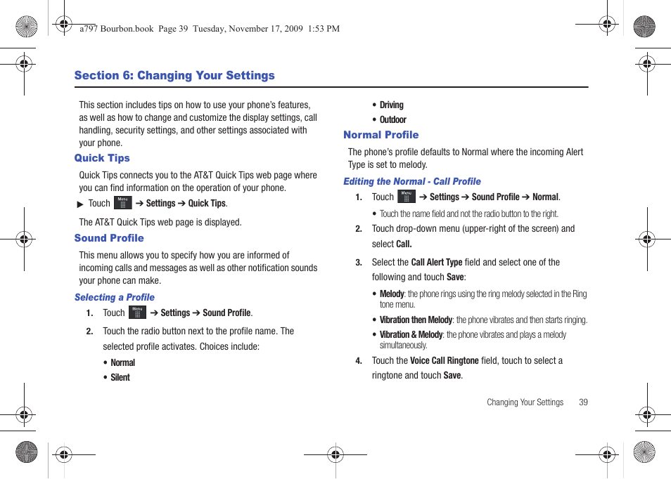 Section 6: changing your settings, Quick tips, Sound profile | Normal profile, Quick tips sound profile normal profile | Samsung FLIGHT SGH-A797 User Manual | Page 43 / 177