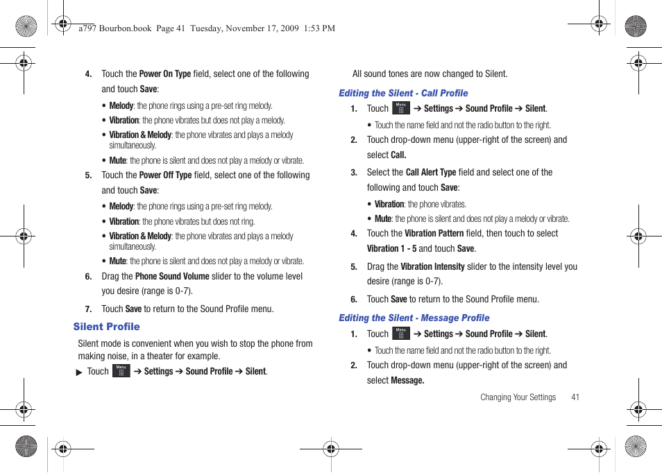 Silent profile | Samsung FLIGHT SGH-A797 User Manual | Page 45 / 177