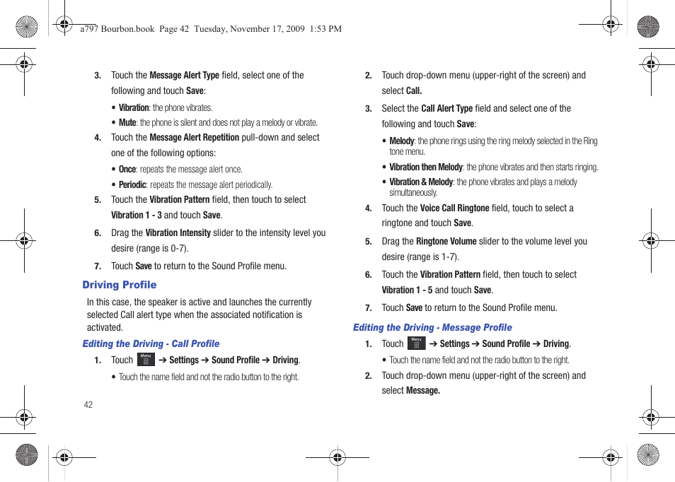 Driving profile | Samsung FLIGHT SGH-A797 User Manual | Page 46 / 177