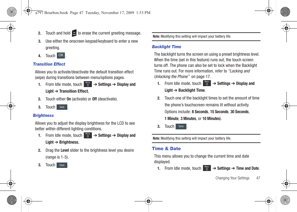 Time & date | Samsung FLIGHT SGH-A797 User Manual | Page 51 / 177