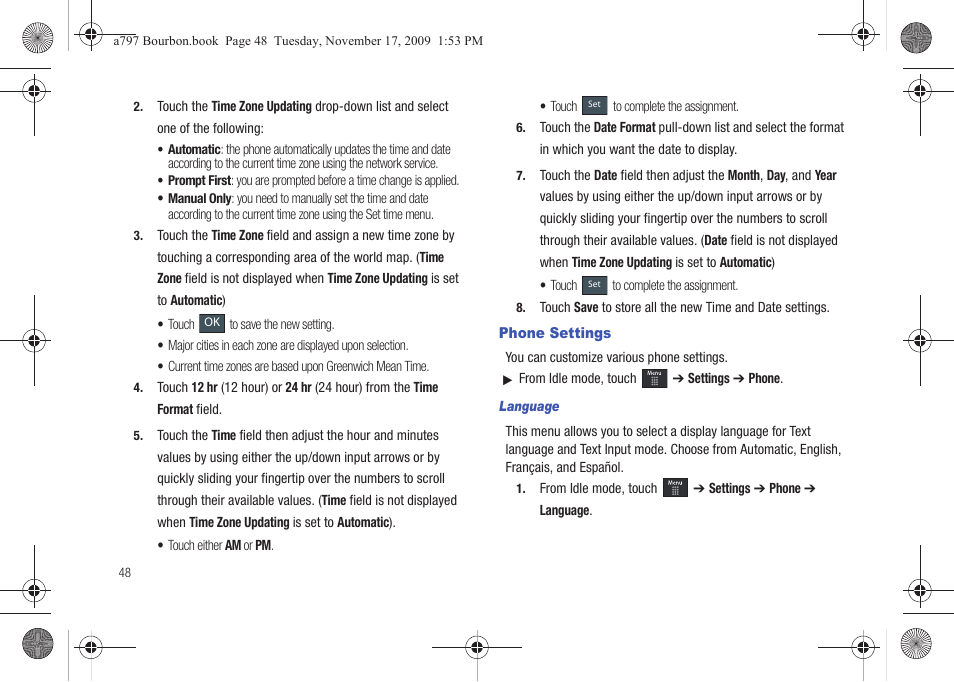 Phone settings | Samsung FLIGHT SGH-A797 User Manual | Page 52 / 177