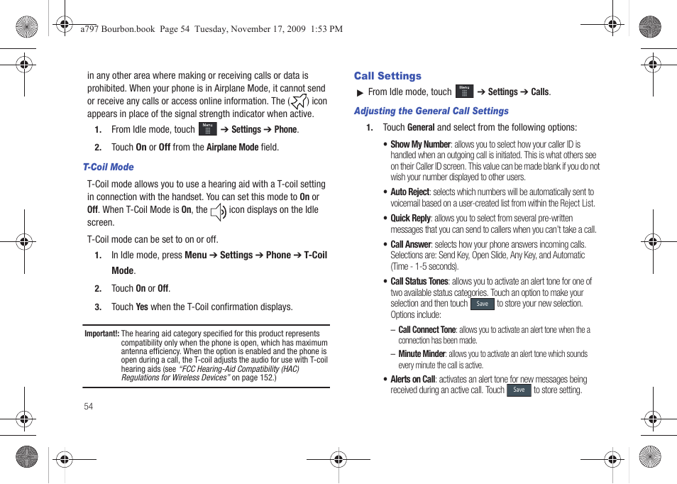 Call settings | Samsung FLIGHT SGH-A797 User Manual | Page 58 / 177