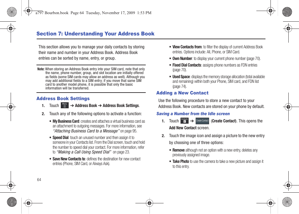 Section 7: understanding your address book, Address book settings, Adding a new contact | Address book settings adding a new contact | Samsung FLIGHT SGH-A797 User Manual | Page 68 / 177