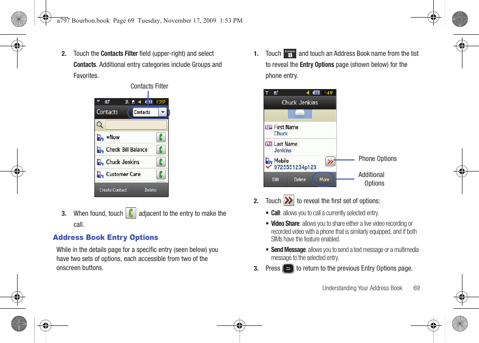 Address book entry options | Samsung FLIGHT SGH-A797 User Manual | Page 73 / 177