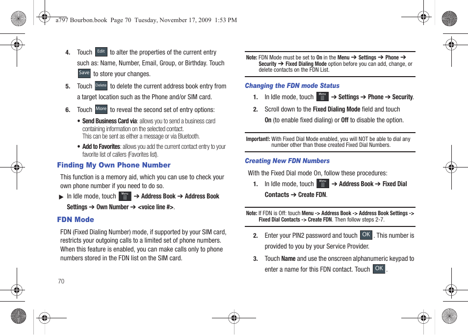 Finding my own phone number, Fdn mode, Finding my own phone number fdn mode | Samsung FLIGHT SGH-A797 User Manual | Page 74 / 177