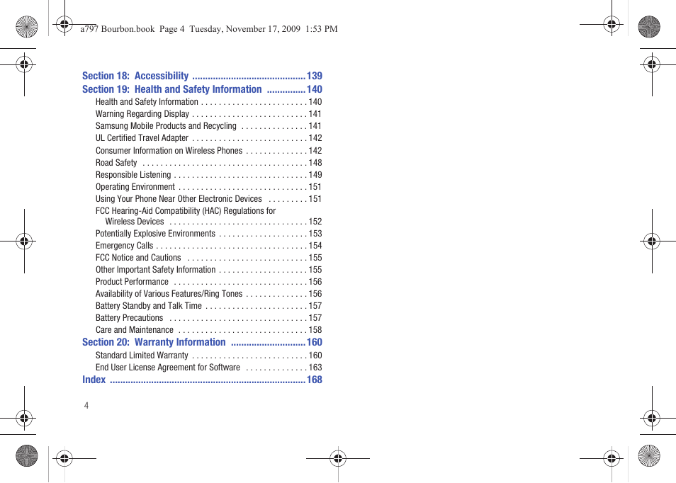 Section 18: accessibility 139, Section 19: health and safety information 140, Section 20: warranty information 160 | Samsung FLIGHT SGH-A797 User Manual | Page 8 / 177