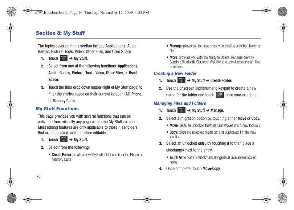 Section 8: my stuff, My stuff functions | Samsung FLIGHT SGH-A797 User Manual | Page 80 / 177