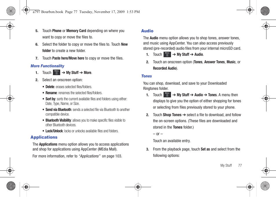 Applications, Audio, Applications audio | Samsung FLIGHT SGH-A797 User Manual | Page 81 / 177