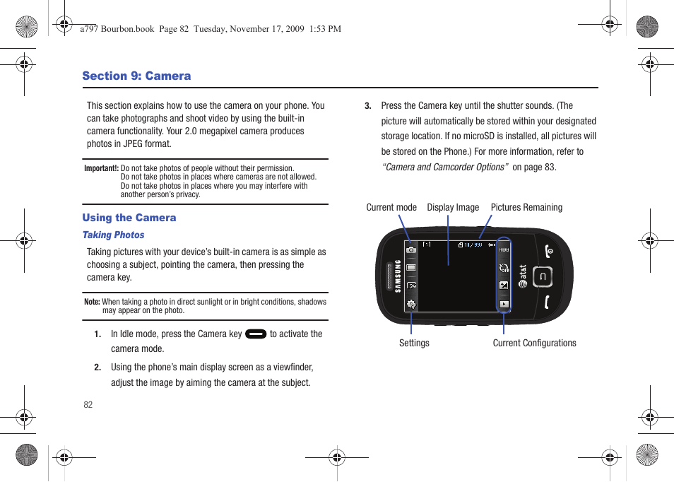 Section 9: camera, Using the camera | Samsung FLIGHT SGH-A797 User Manual | Page 86 / 177