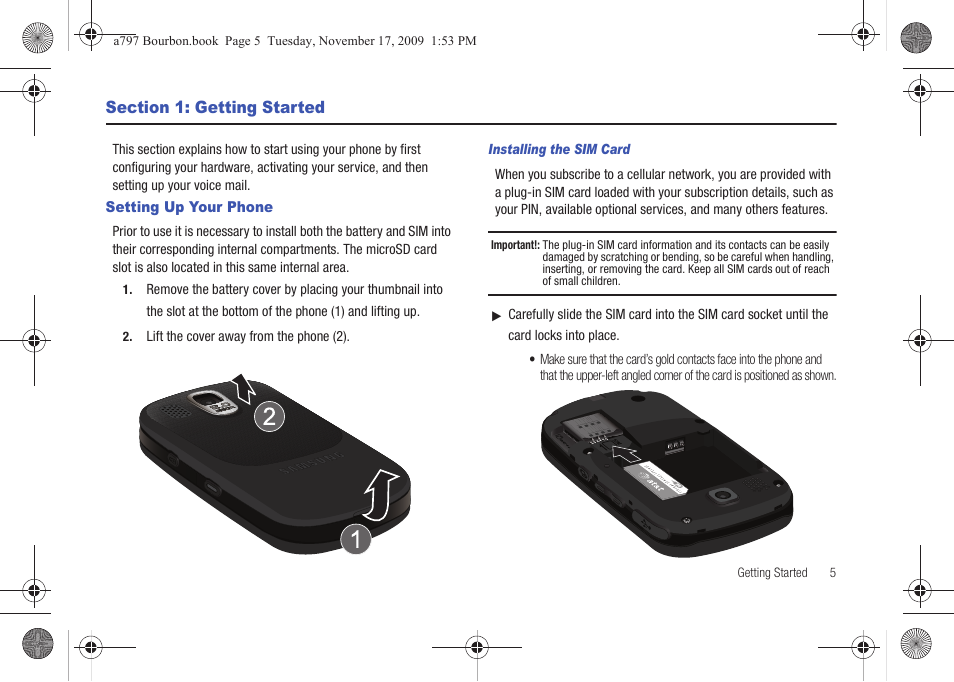 Section 1: getting started, Setting up your phone | Samsung FLIGHT SGH-A797 User Manual | Page 9 / 177