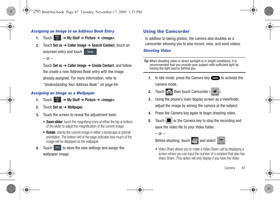 Using the camcorder | Samsung FLIGHT SGH-A797 User Manual | Page 91 / 177