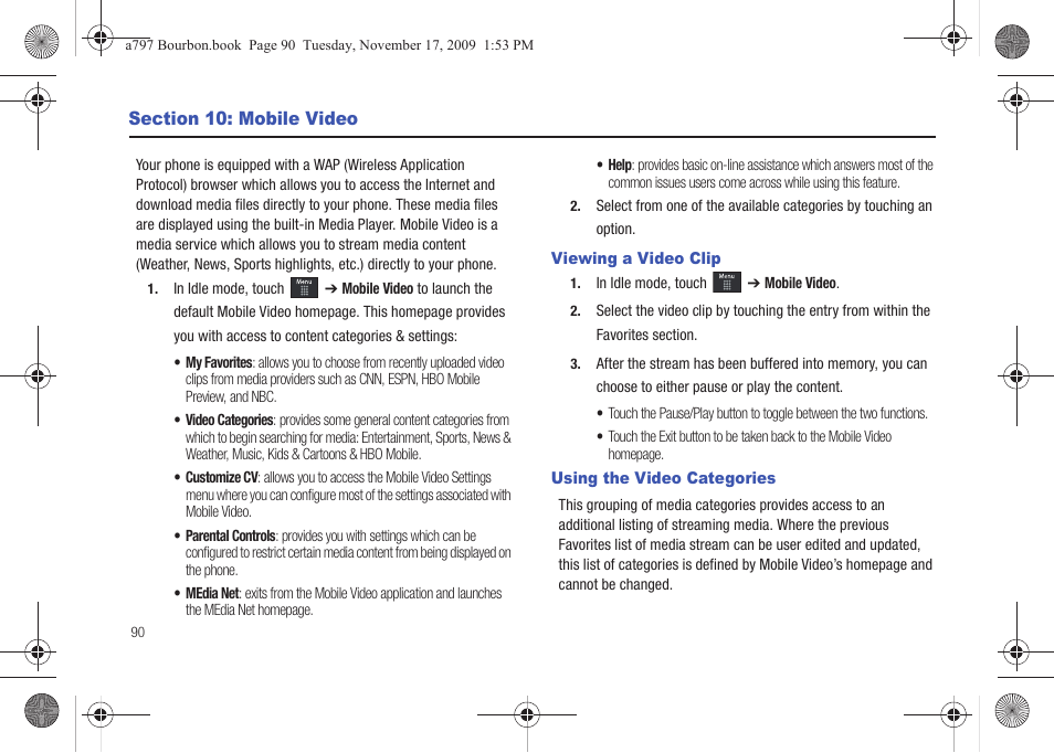 Section 10: mobile video, Viewing a video clip, Using the video categories | Viewing a video clip using the video categories | Samsung FLIGHT SGH-A797 User Manual | Page 94 / 177