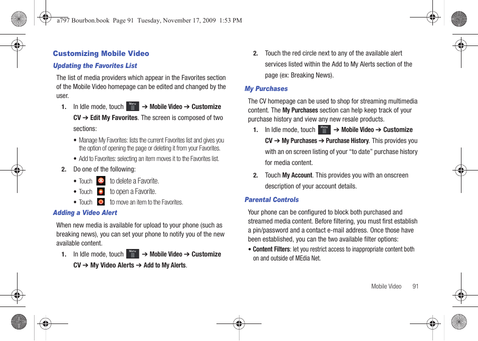 Customizing mobile video | Samsung FLIGHT SGH-A797 User Manual | Page 95 / 177