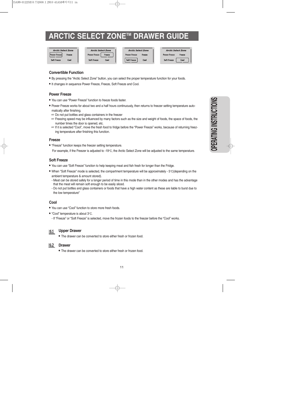 Arctic select zonetm drawer guide, Opera ting instr uctions, Arctic select zone | Drawer guide | Samsung DA99-01225E User Manual | Page 11 / 40