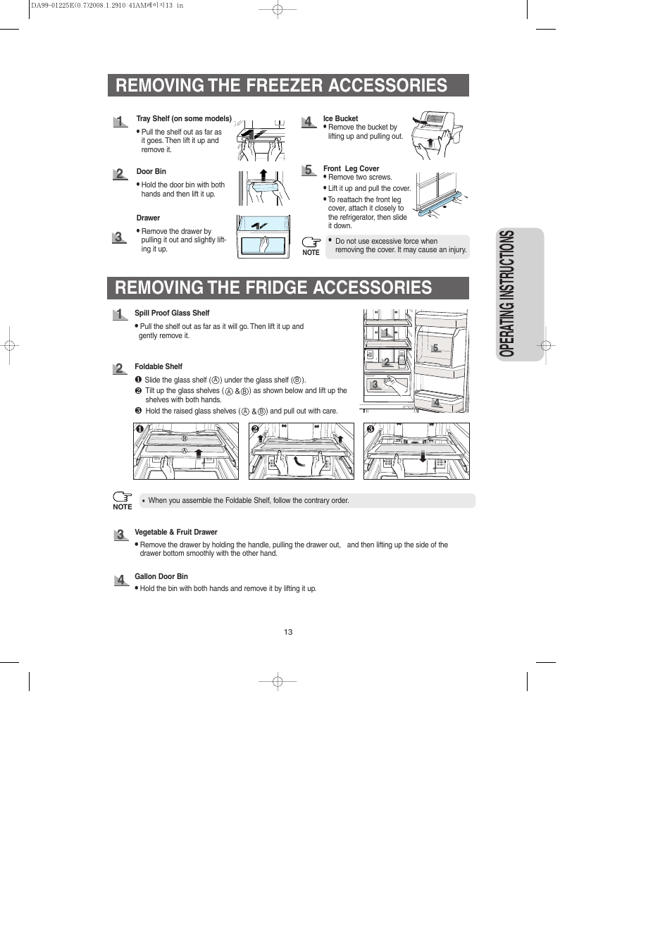 Removing the freezer accessories, Removing the fridge accessories, Opera ting instr uctions | Samsung DA99-01225E User Manual | Page 13 / 40