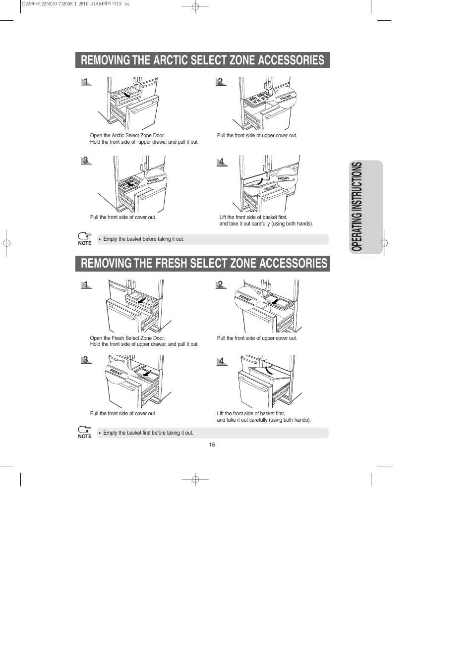 Removing the arctic select zone accessories, Removing the fresh select zone accessories, Opera ting instr uctions | Samsung DA99-01225E User Manual | Page 15 / 40