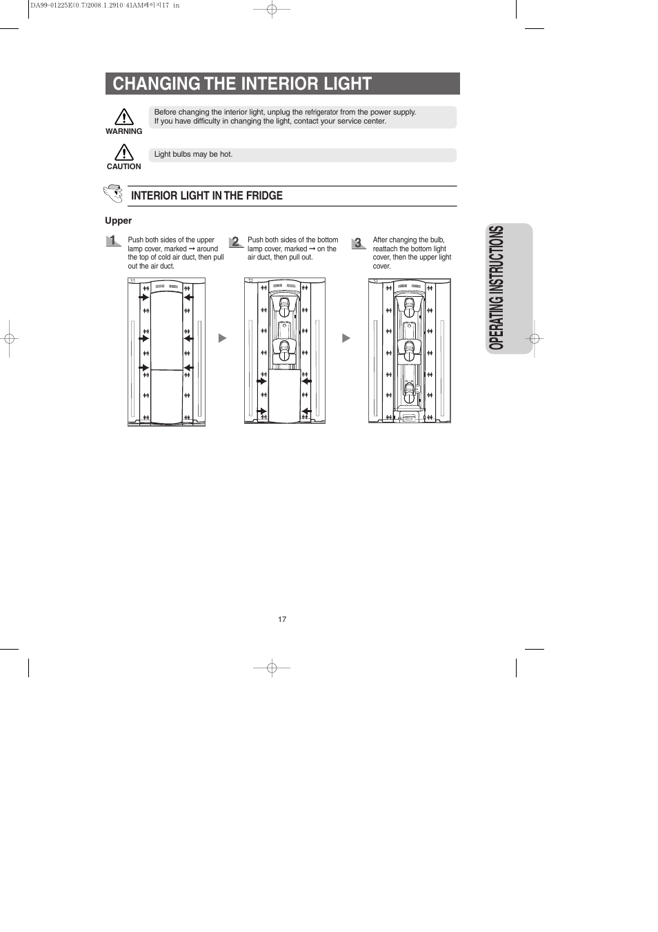 Changing the interior light, Opera ting instr uctions | Samsung DA99-01225E User Manual | Page 17 / 40