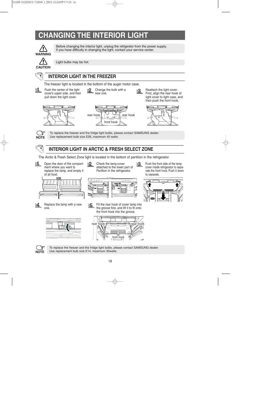 Changing the interior light, Interior light in arctic & fresh select zone, Interior light in the freezer | Samsung DA99-01225E User Manual | Page 18 / 40