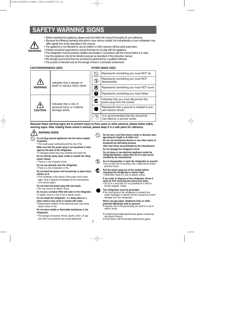 Safety warning signs | Samsung DA99-01225E User Manual | Page 2 / 40