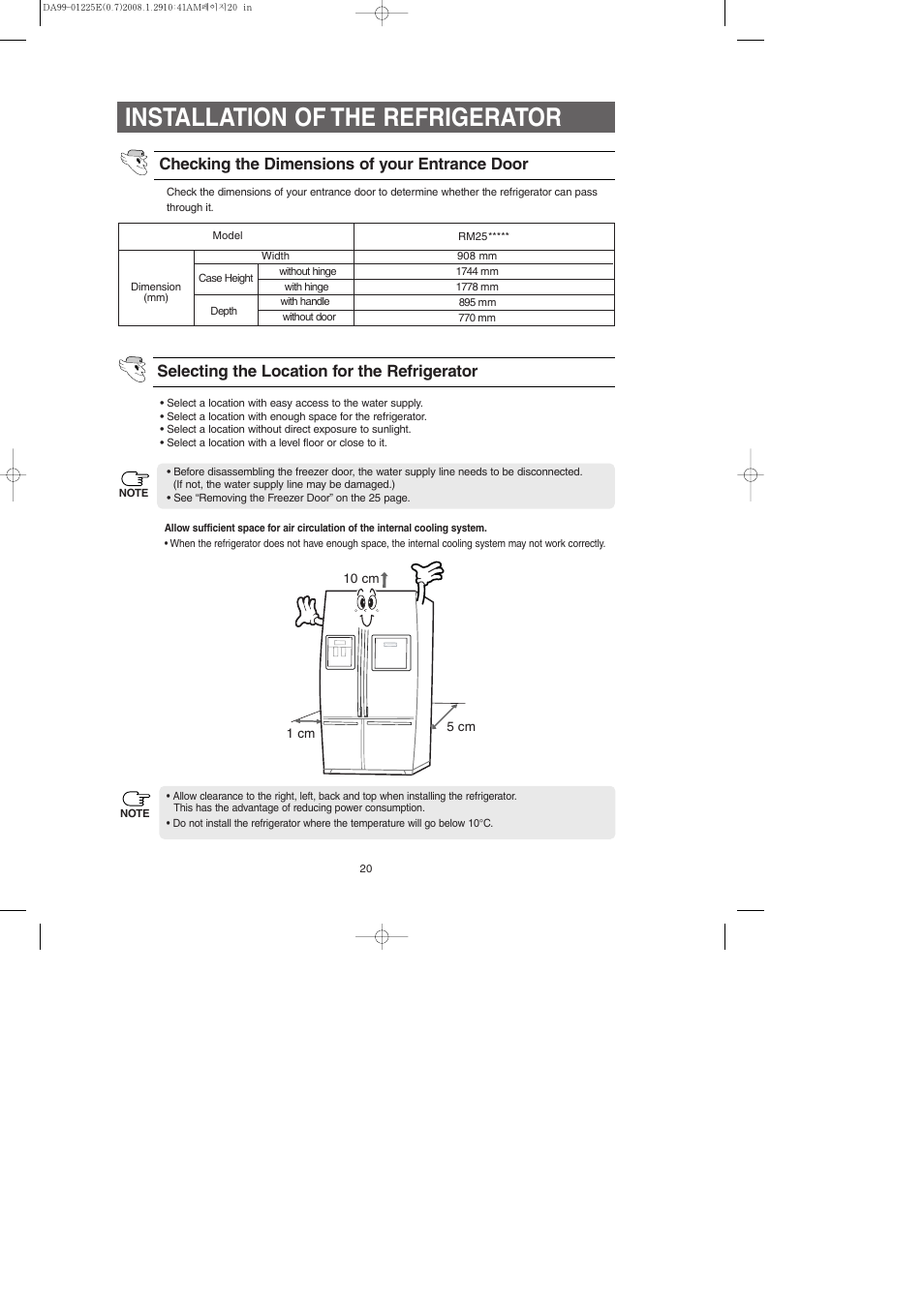 Installation of the refrigerator | Samsung DA99-01225E User Manual | Page 20 / 40