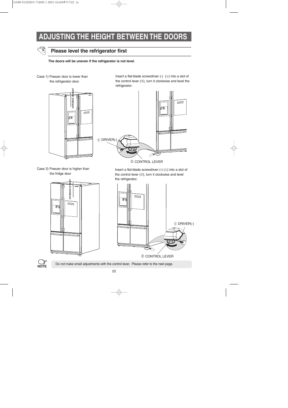 Adjusting the height between the doors, Please level the refrigerator first | Samsung DA99-01225E User Manual | Page 22 / 40