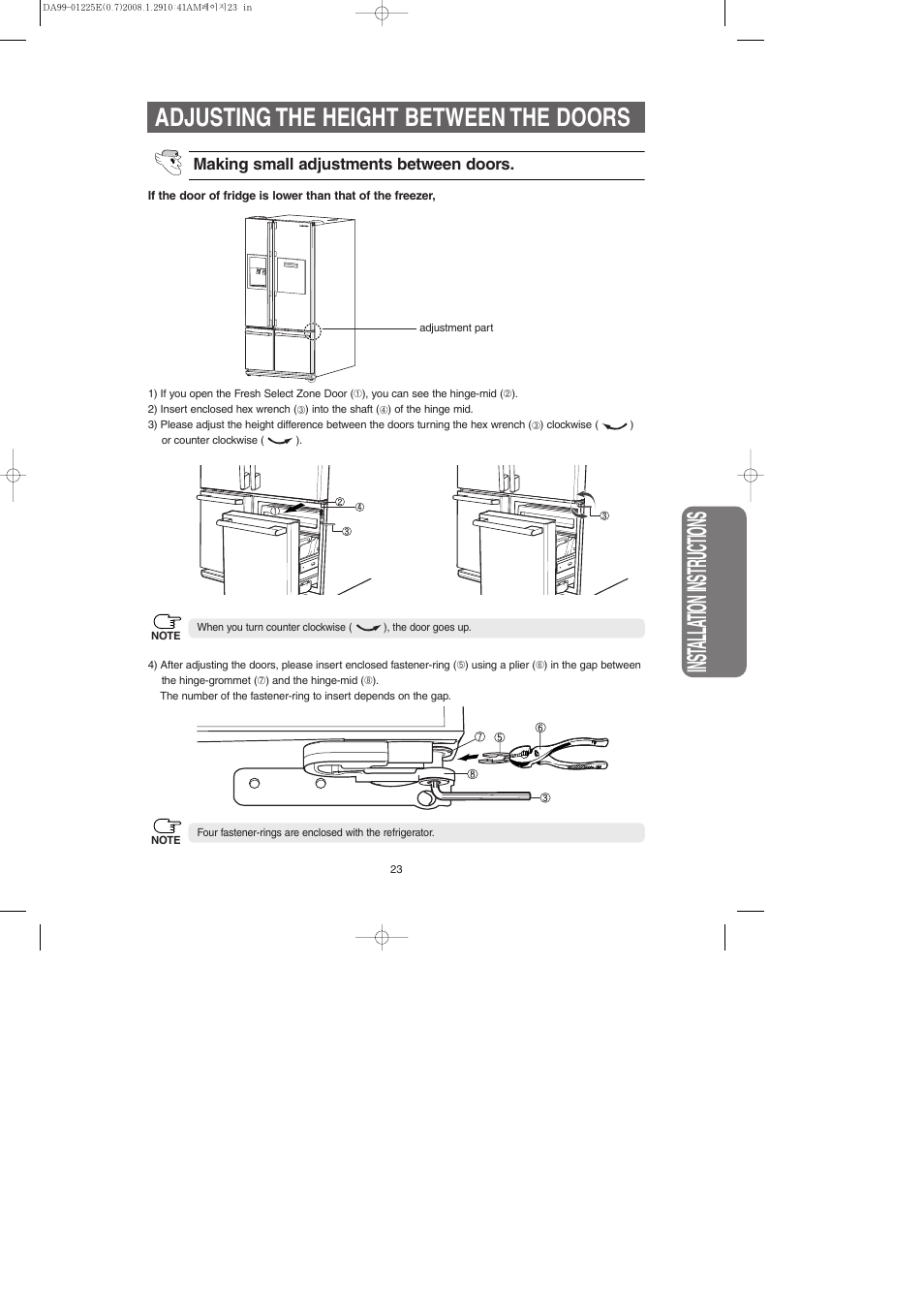 Inst alla tion instr uctions, Adjusting the height between the doors | Samsung DA99-01225E User Manual | Page 23 / 40