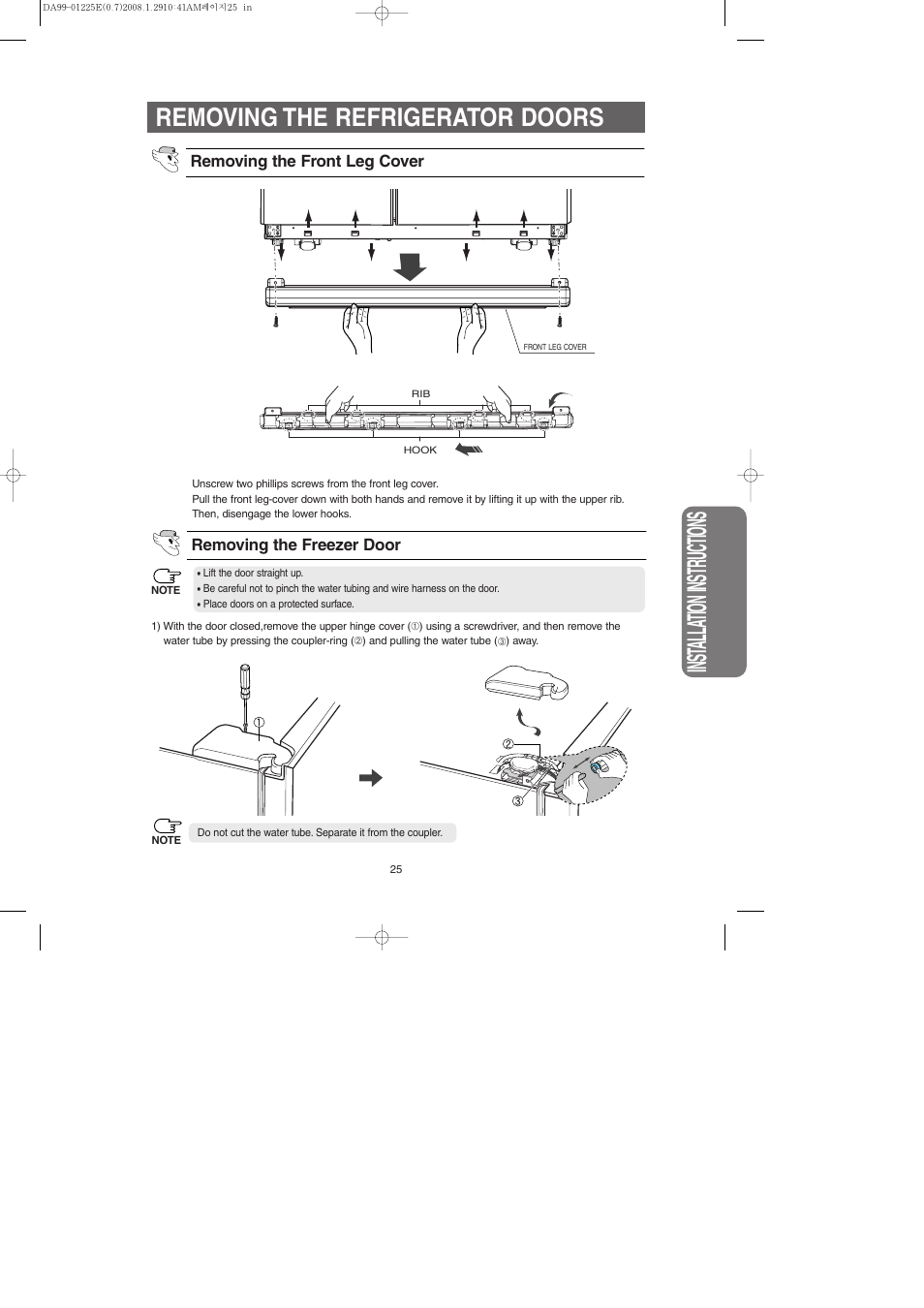 Removing the refrigerator doors, Inst alla tion instr uctions | Samsung DA99-01225E User Manual | Page 25 / 40